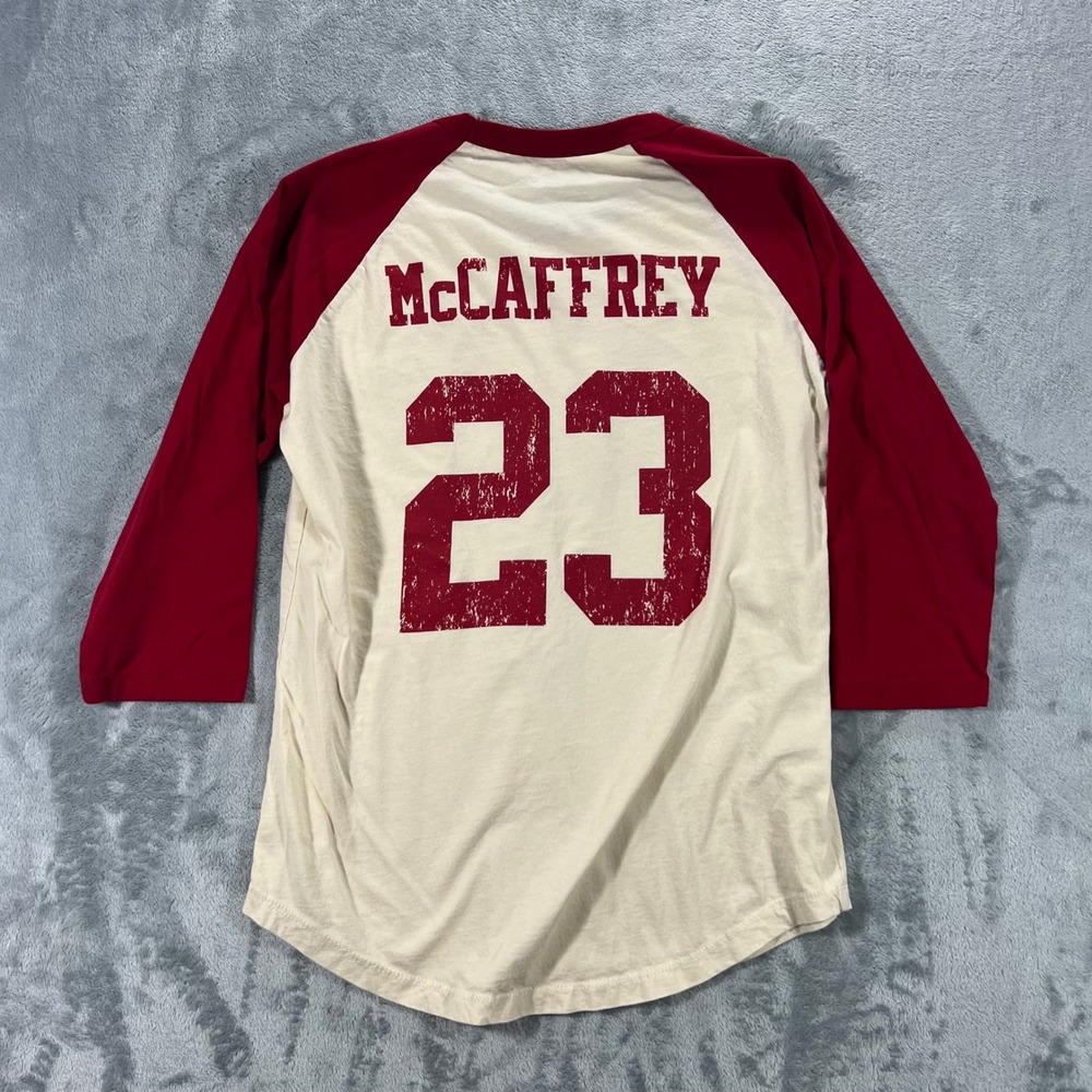 MAJESTIC 49ers Raglan Shirt Mens Medium Cream Red McCaffrey 23 Distressed